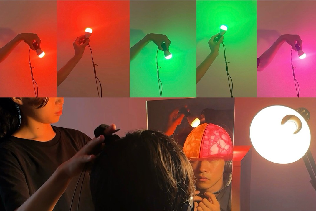 電球の色を脳内にコピーする頭内錯覚（左：実際の体験の様子、右：模式図）