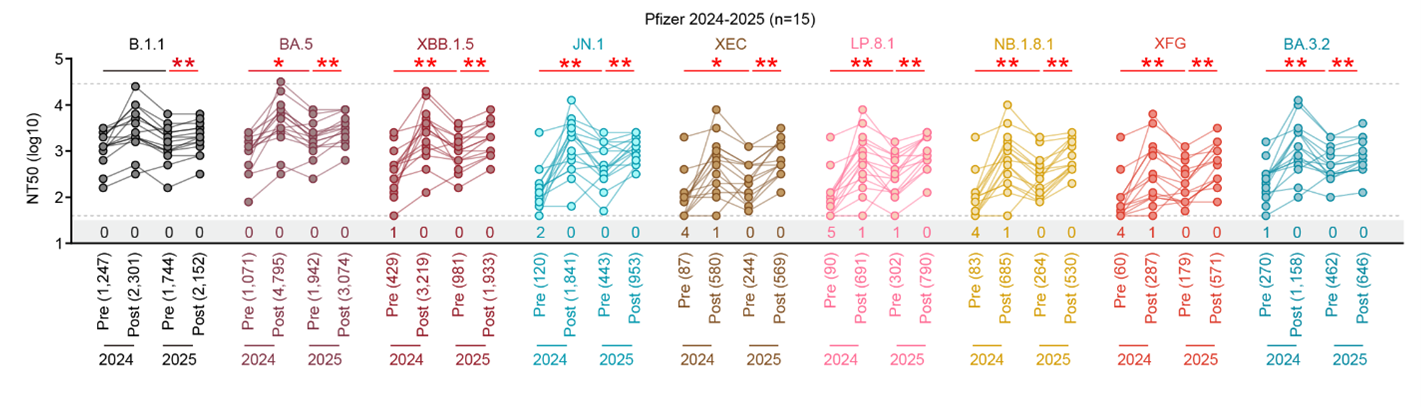 図2.オミクロンJN.1株対応一価ワクチンとオミクロンLP.8.1株対応一価ワクチンによる中和抗体誘導効果の比較